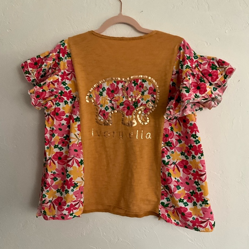 Upcycled Reworked Mustard Floral Ruffle Mixed Media Top Medium - Picture 3 of 6